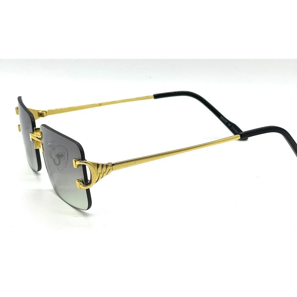 Rimless Rectangle Sunglasses Gold Frame Green Lens Fashion Shades Men Street New